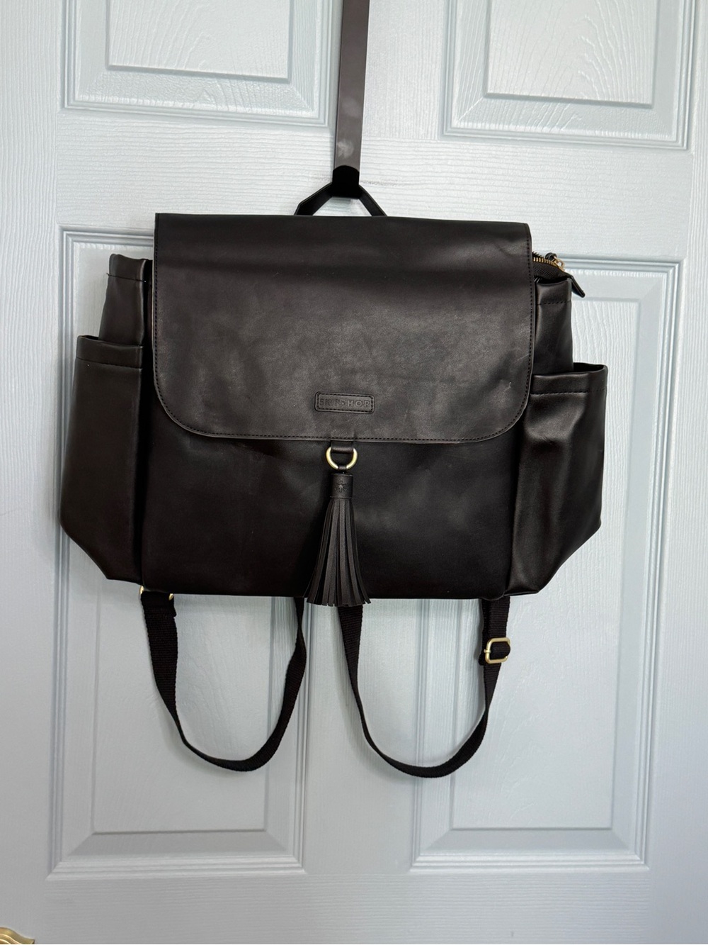 Skip Hop Black Vegan Leather Greenwich Convertible Backpack Stroller Messenger